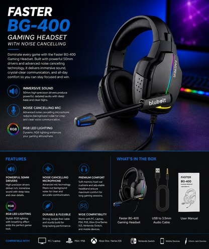 FASTER BG-400 Gaming Headset with Noise Cancelling Mic