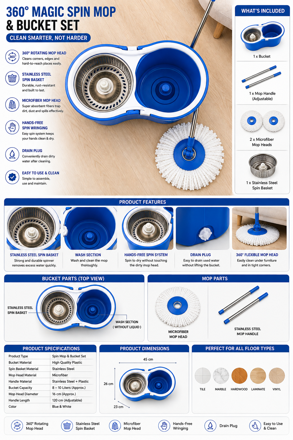 360° Rotating Spin Mop System with Wringer Bucket