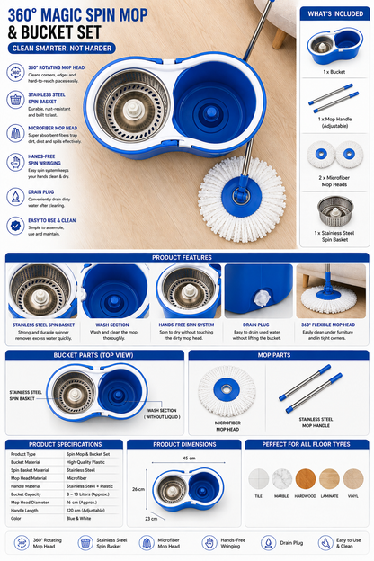 360° Rotating Spin Mop System with Wringer Bucket