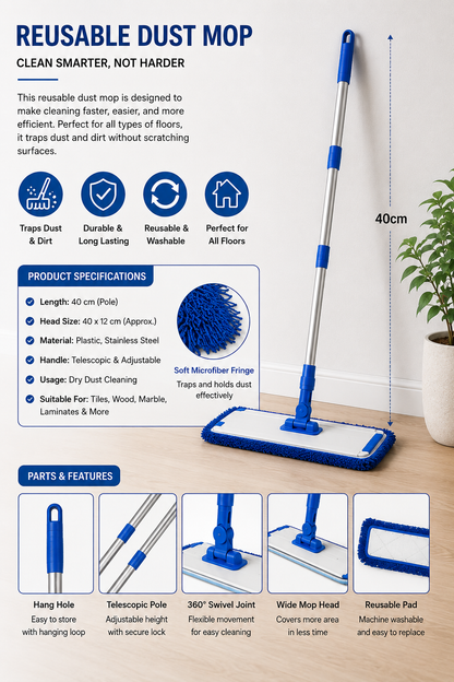 Flat Microfiber Mop 60cm with Telescoping Pole