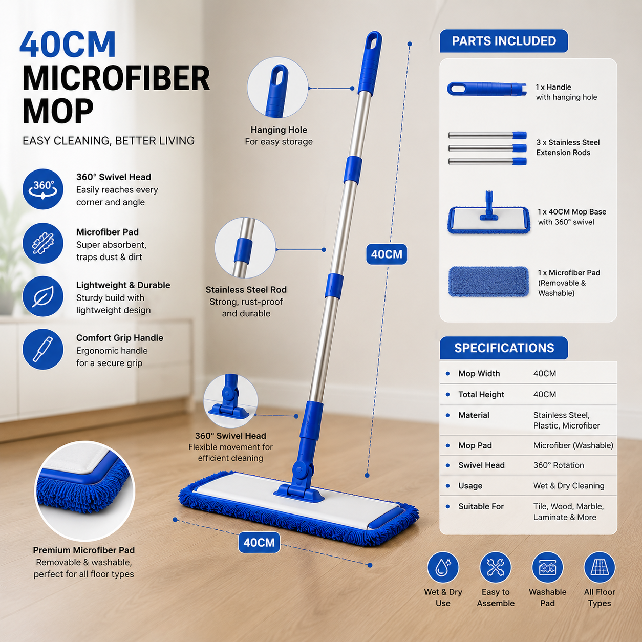 Flat Microfiber Mop 40cm with Telescoping Pole