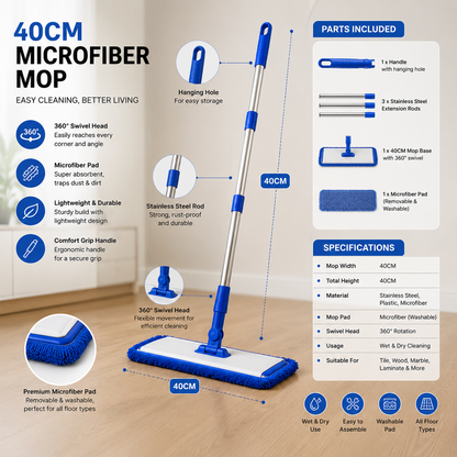 Flat Microfiber Mop 40cm with Telescoping Pole
