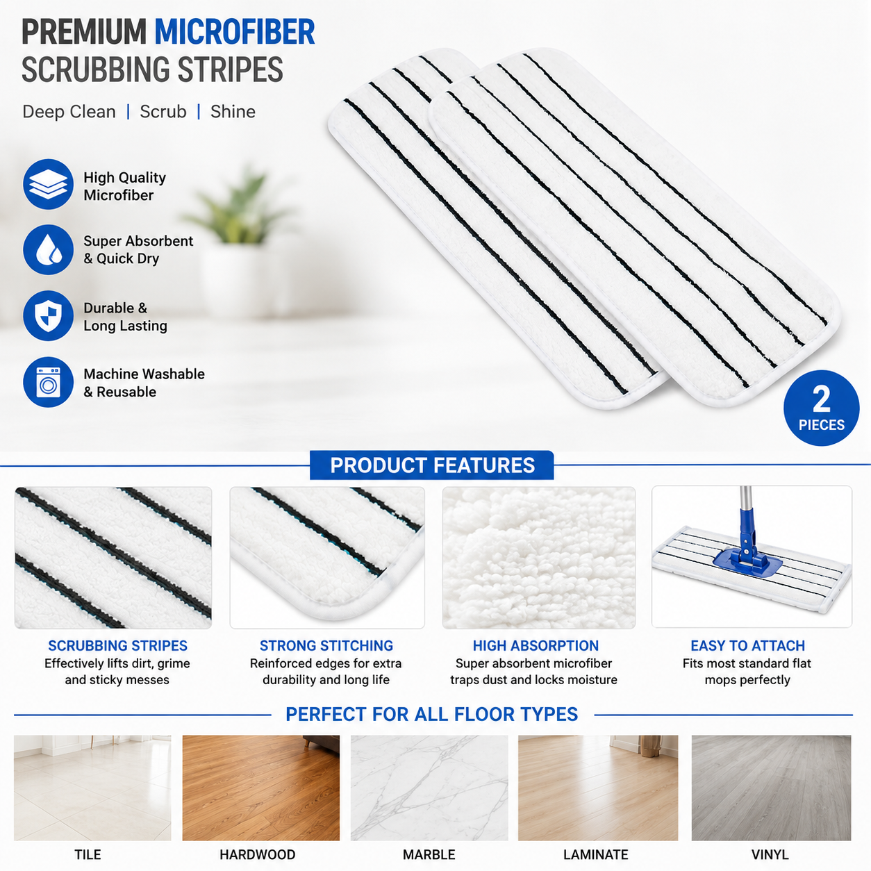 Microfiber Flat Mop Pad Refills with Scrubbing Stripes