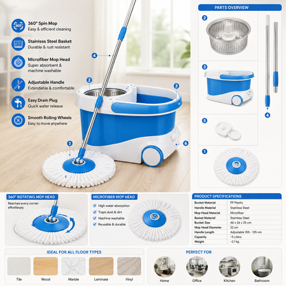 360° Spin Mop Bucket Set with Wheels & Stainless Steel Handle