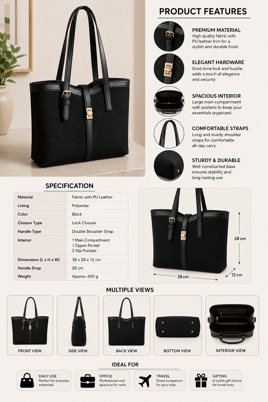 Black Canvas & Leather Tote Bag with Gold Buckle Lock