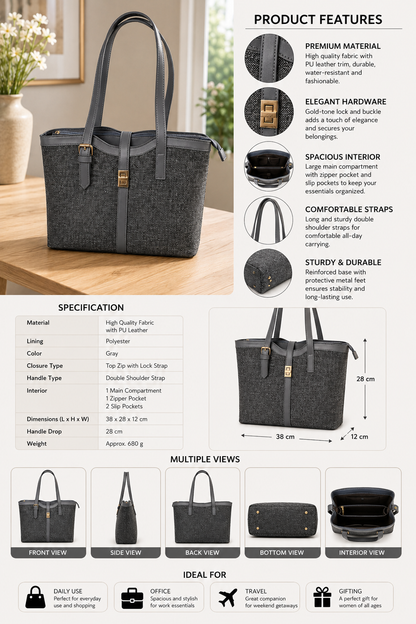 Grey Tweed & Leather Tote Bag with Gold Buckle Lock