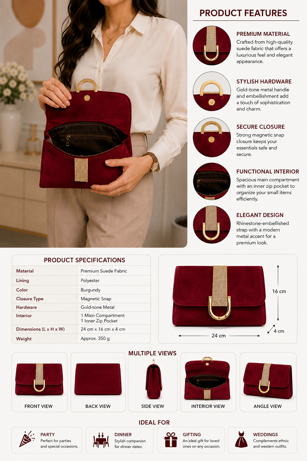 Women's Evening Handbag with Gold Buckle,
