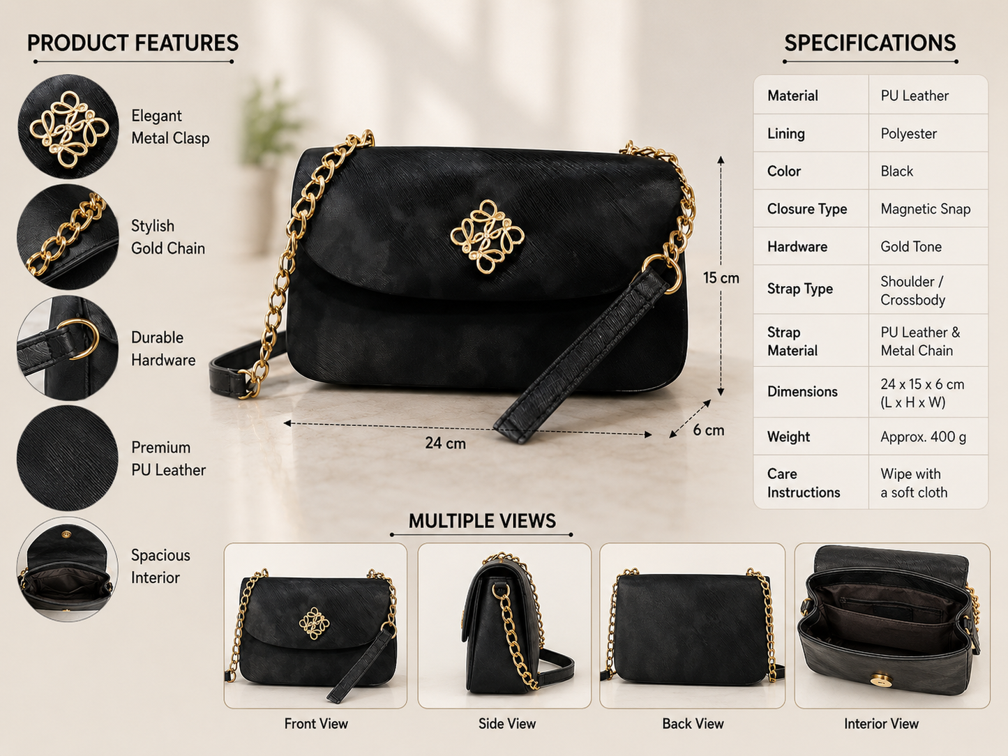 Textured Black Crossbody Bag with Gold Chain Strap