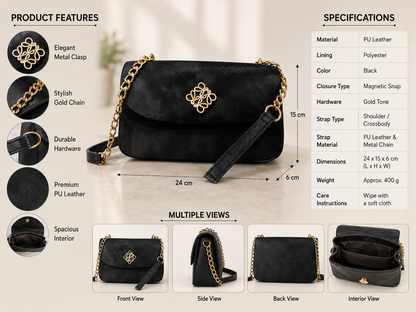 Textured Black Crossbody Bag with Gold Chain Strap