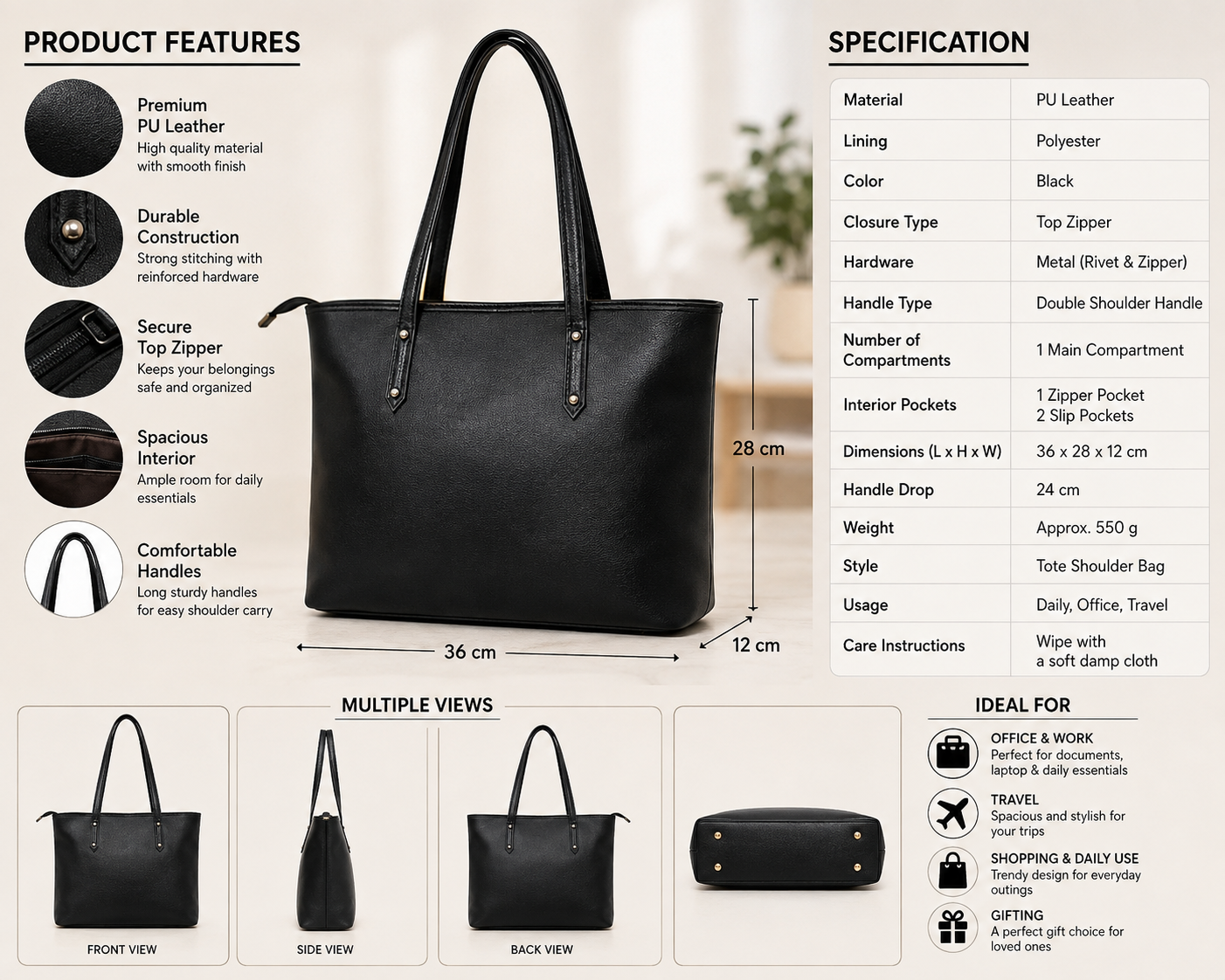 Classic Black Leather Tote Bag for Women
