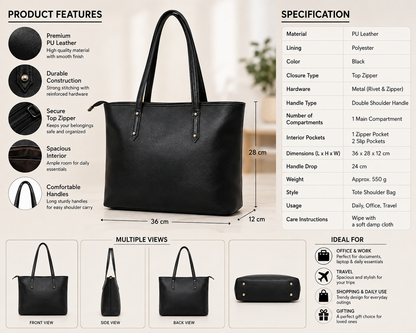 Classic Black Leather Tote Bag for Women