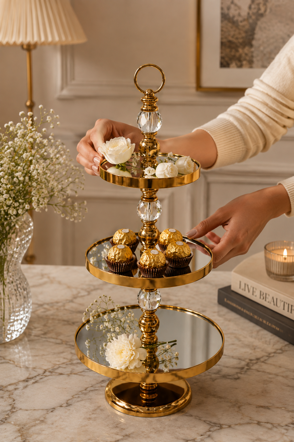 Luxury 3-Tier Gold Mirrored Serving Stand with Crystal Accent