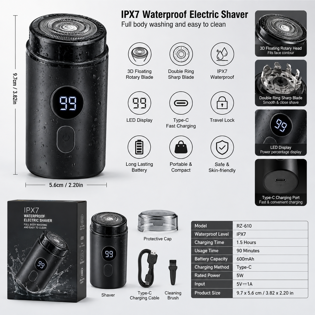 Rechargeable Rotary Razor with LED Display