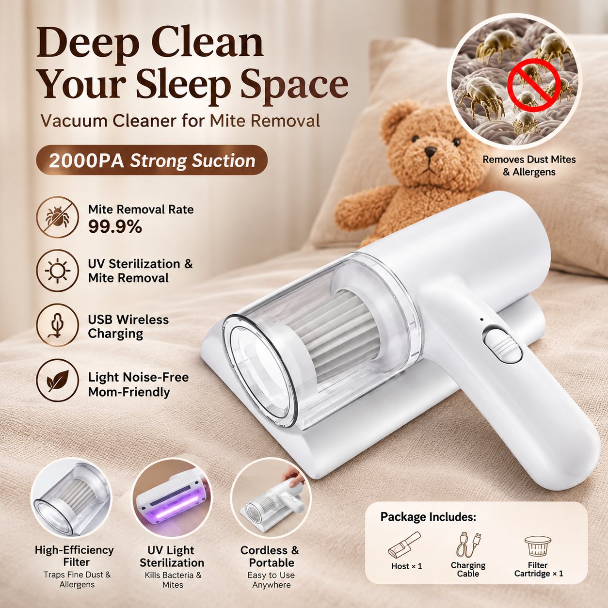 Handheld Anti-Dust Mite & Allergen Remover with UV Sterilization