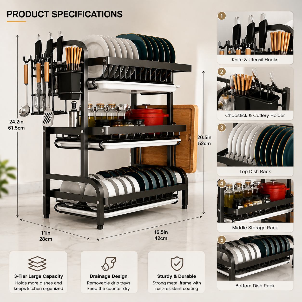 3-Tier Dish Drying Rack with Utensil Holder