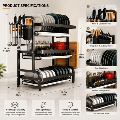 3-Tier Dish Drying Rack with Utensil Holder