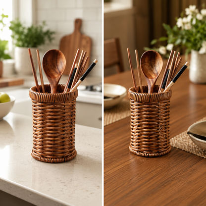 Handwoven Rattan Utensil Holder (Chopstick & Spoon Caddy)