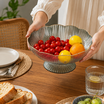Ribbed Glass Pedestal Fruit Bowl with Gold Rim