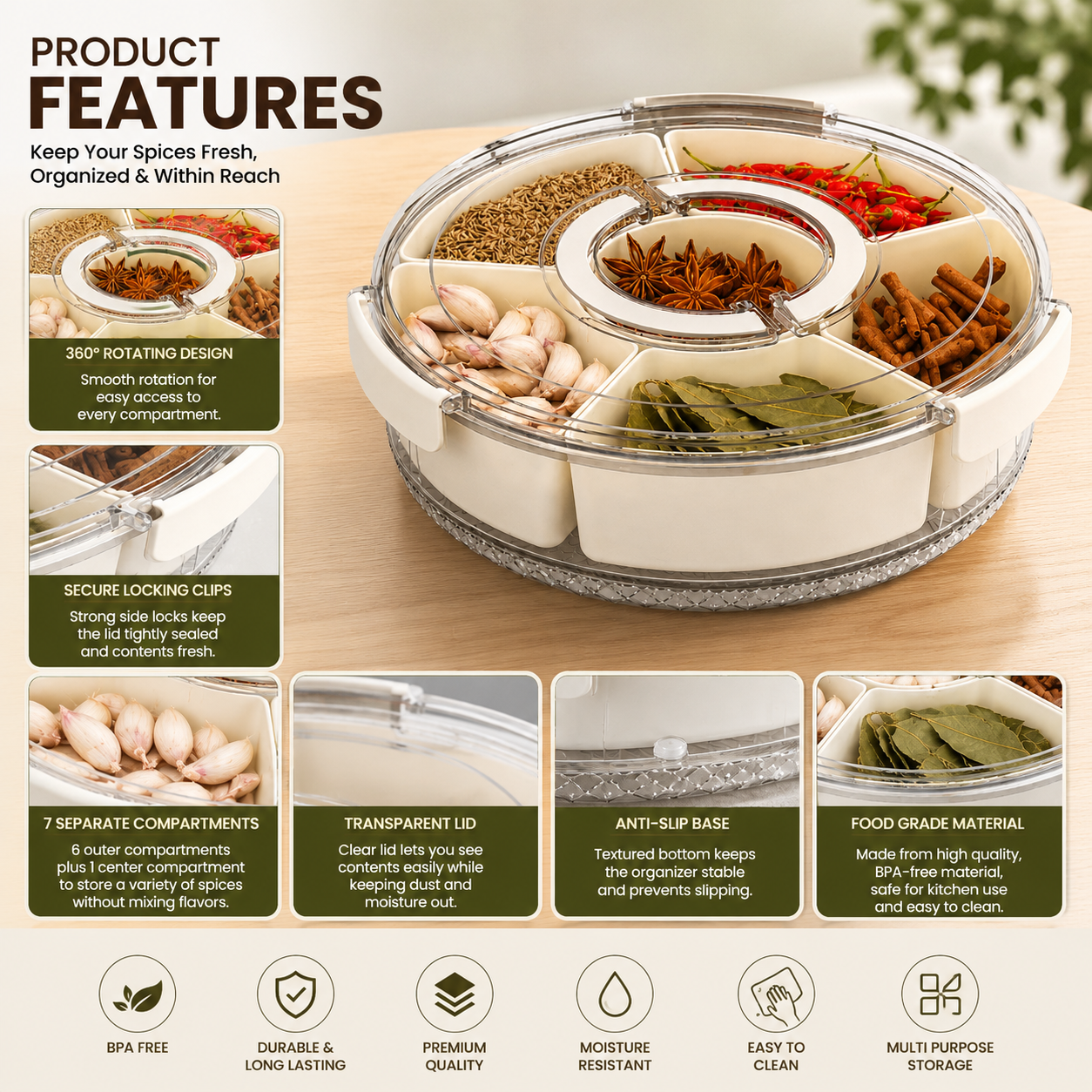 6 Compartment Kitchen Seasoning & Dry Snack Storage Container