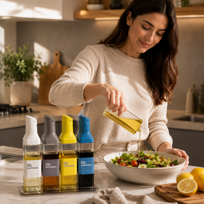 Multi Color Flip Top Oil & Sauce Dispenser Set with Tray