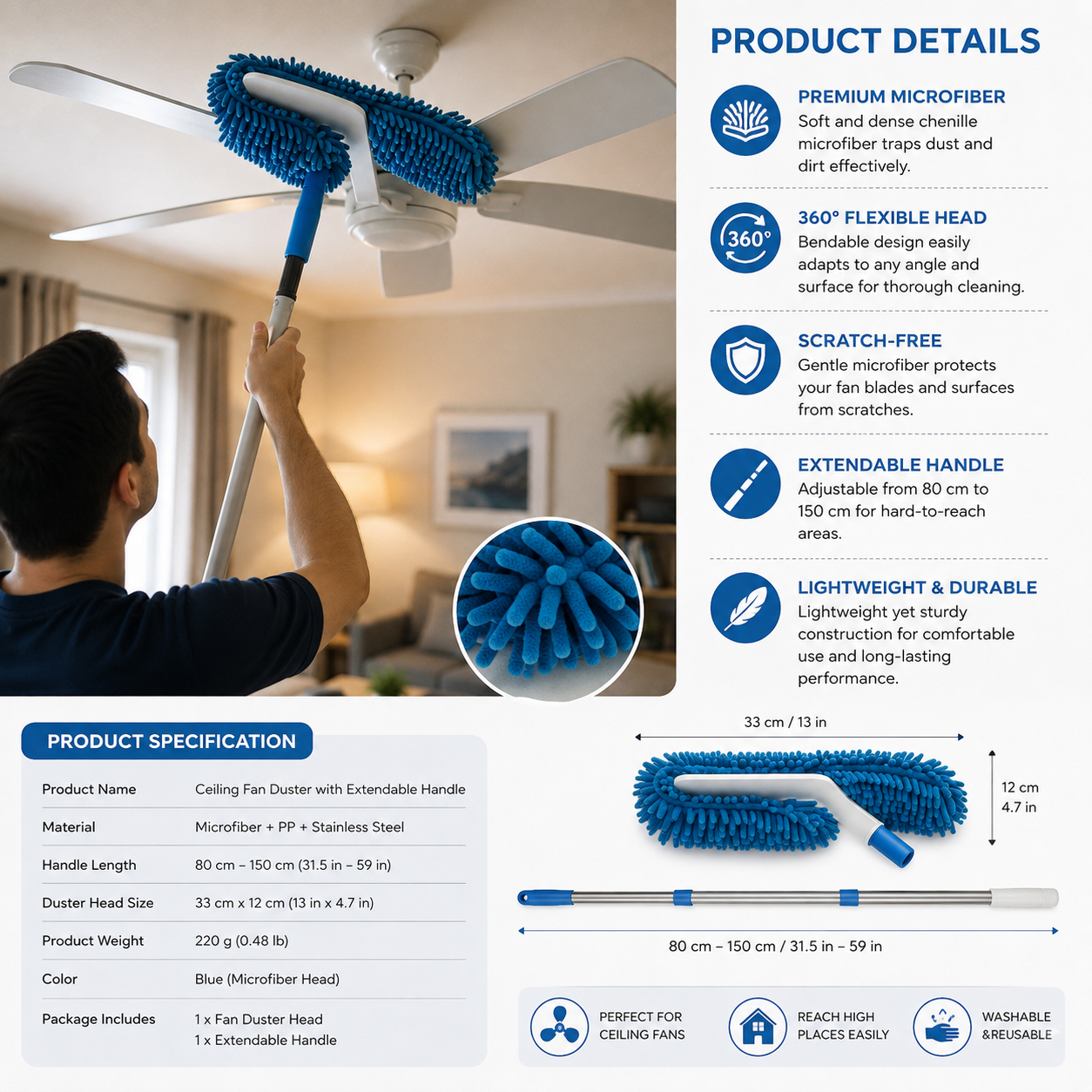 Extendable Microfiber Ceiling Fan Duster