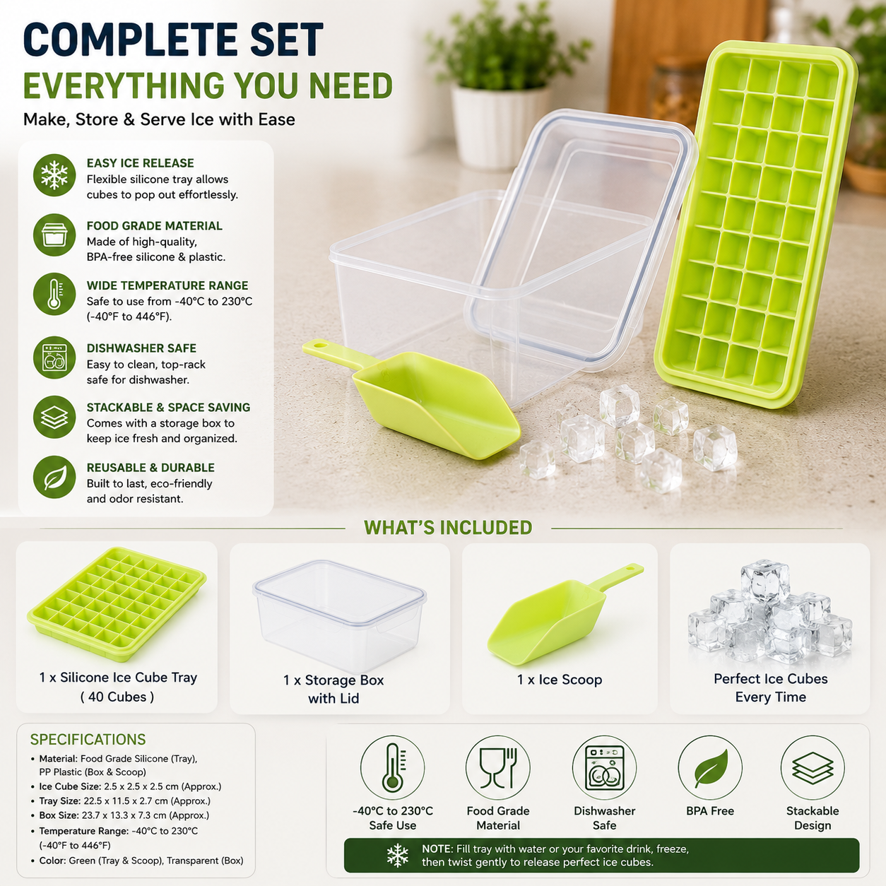 Silicone Ice Cube Tray with Scoop and Lid