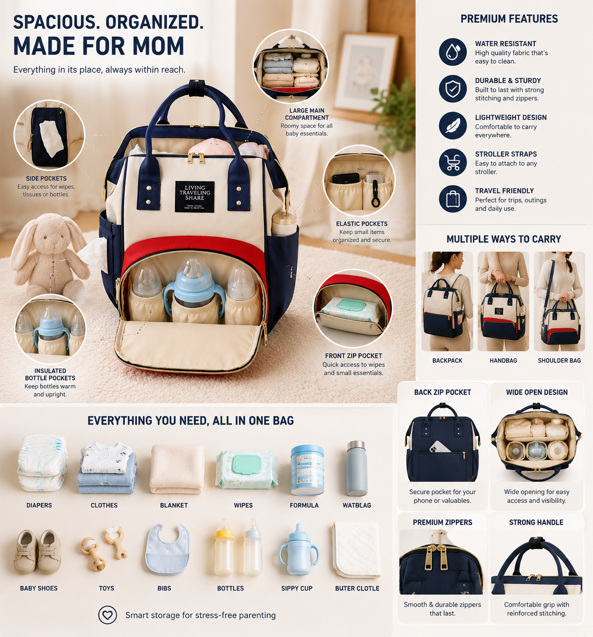 Large Capacity Diaper Bag Backpack