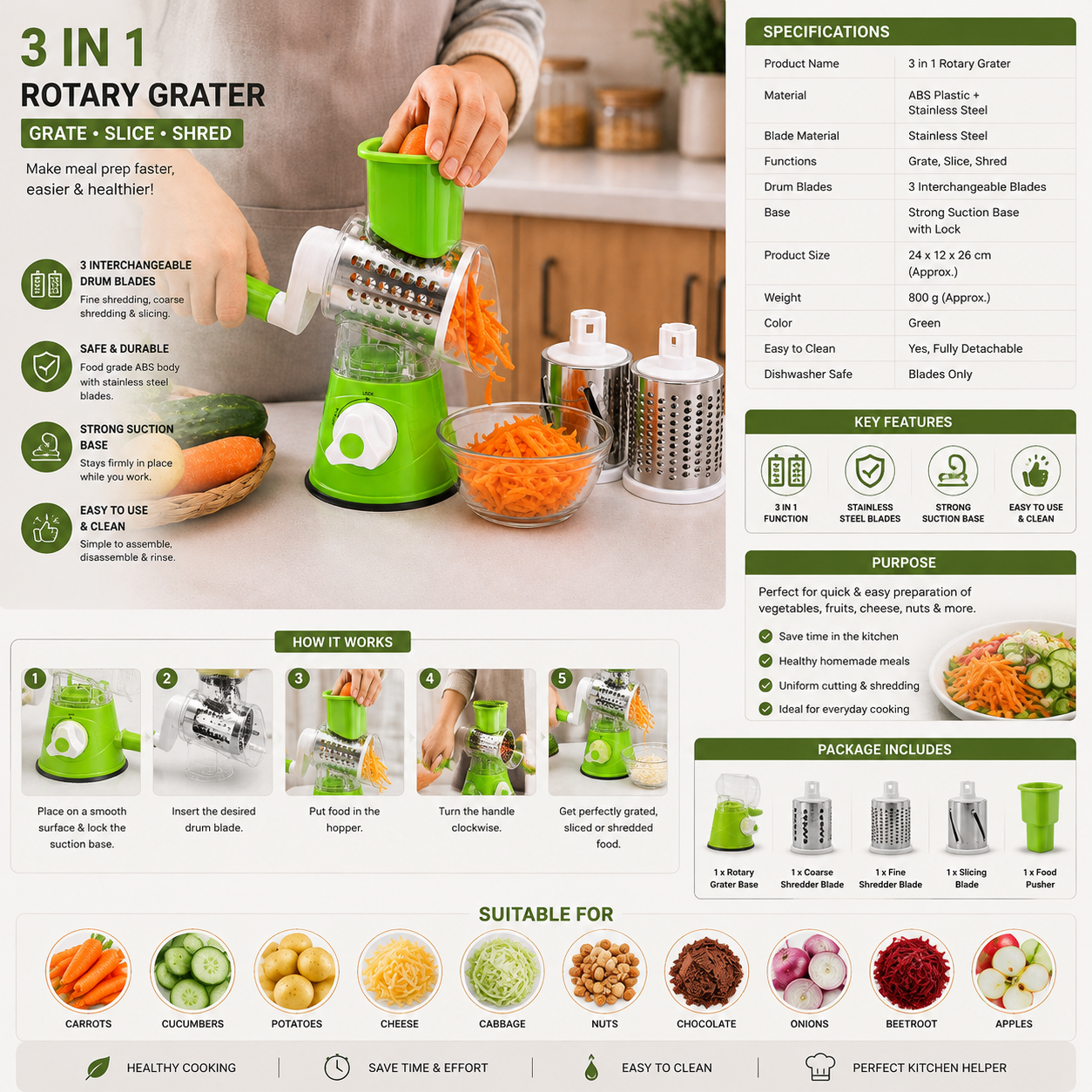 Manual Rotary Vegetable Slicer – 3-in-1 Cheese Grater & Vegetable Chopper