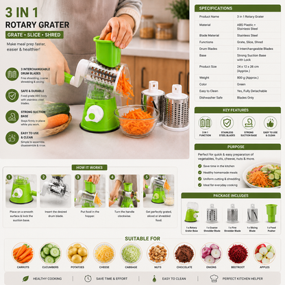 Manual Rotary Vegetable Slicer – 3-in-1 Cheese Grater & Vegetable Chopper