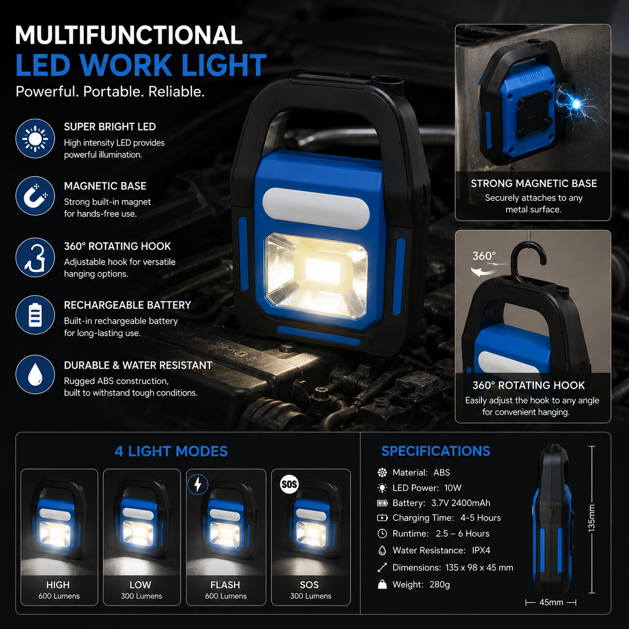 Rechargeable LED Work Light & Flashlight Combo
