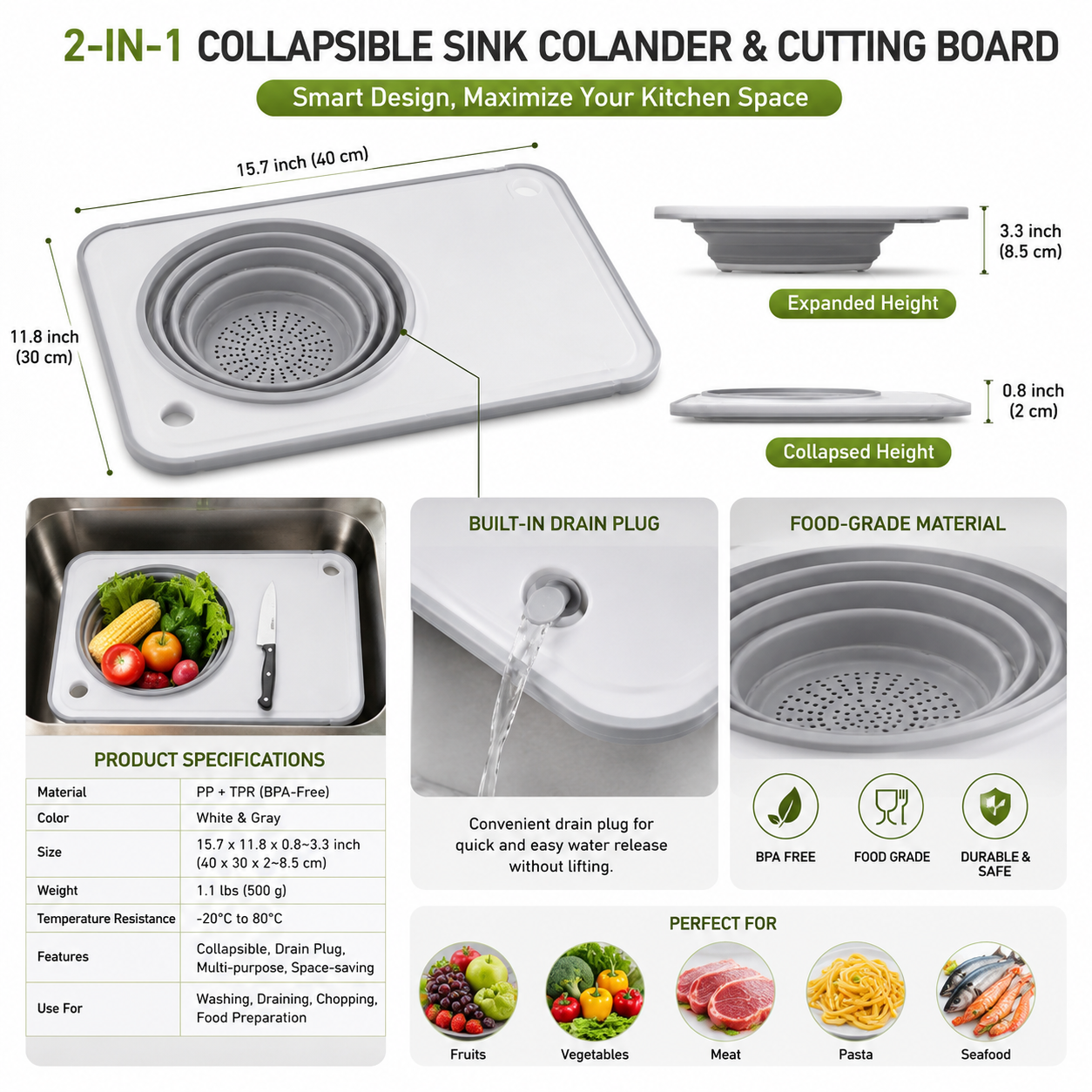 Collapsible Sink Colander & Cutting Board 2-in-1