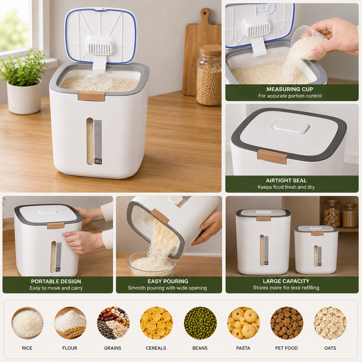 10kg Airtight Rice & Flour Storage Container BPA-Free Food Bin