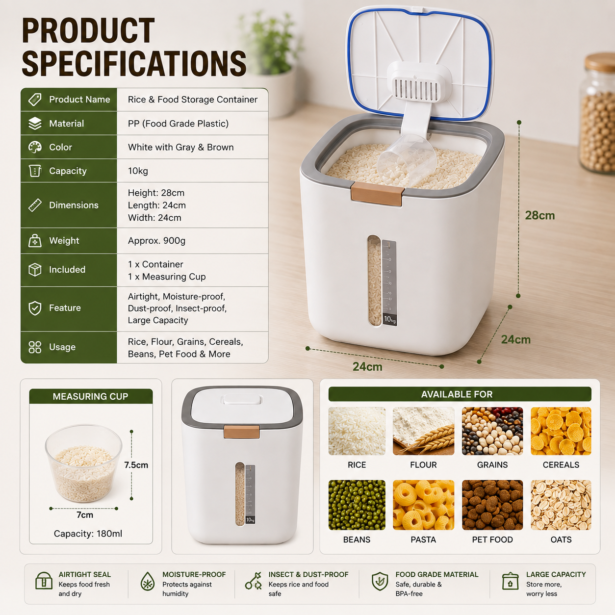10kg Airtight Rice & Flour Storage Container BPA-Free Food Bin