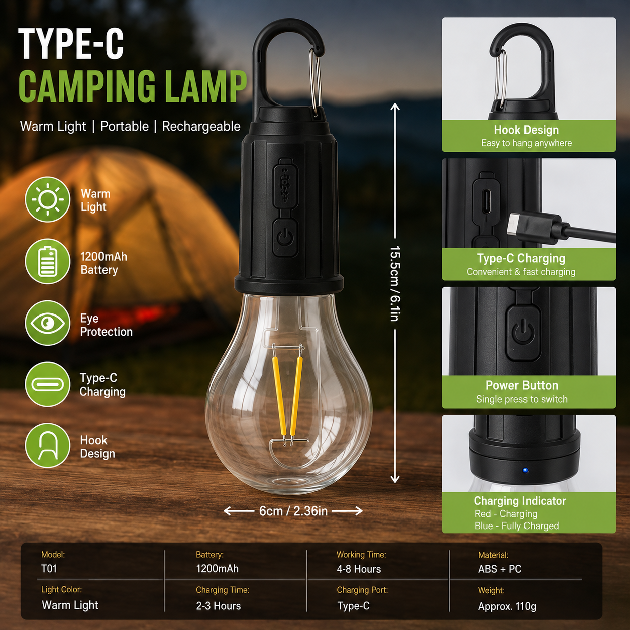 LED Camping Lantern Bulb (Type-C Rechargeable)