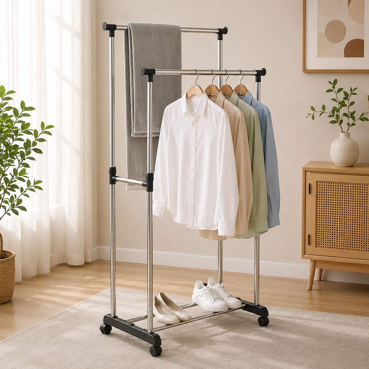 Double Rail Stainless Steel Clothes Rack with Wheels