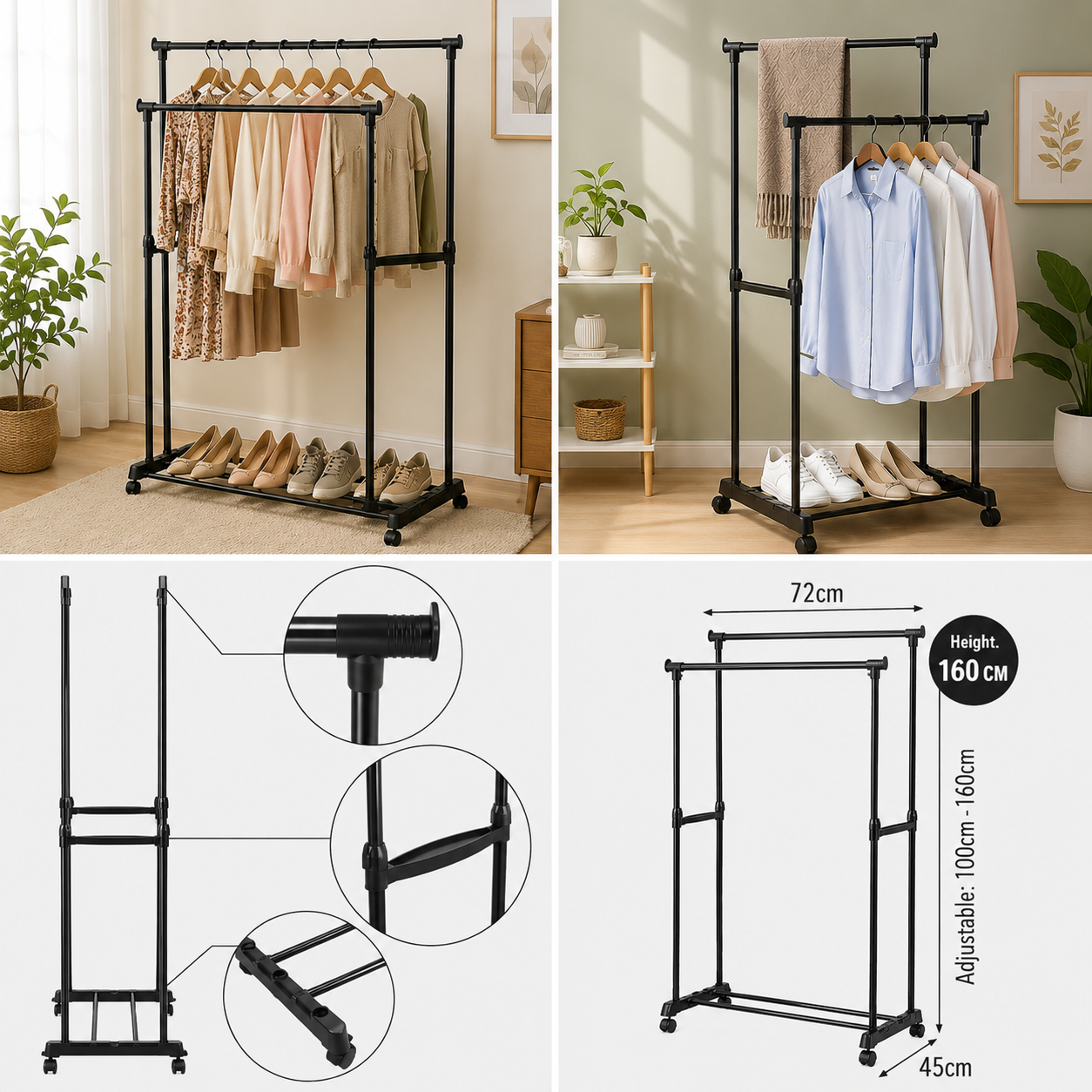 Double Rail Stainless Steel Clothes Rack with Wheels