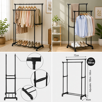 Double Rail Stainless Steel Clothes Rack with Wheels