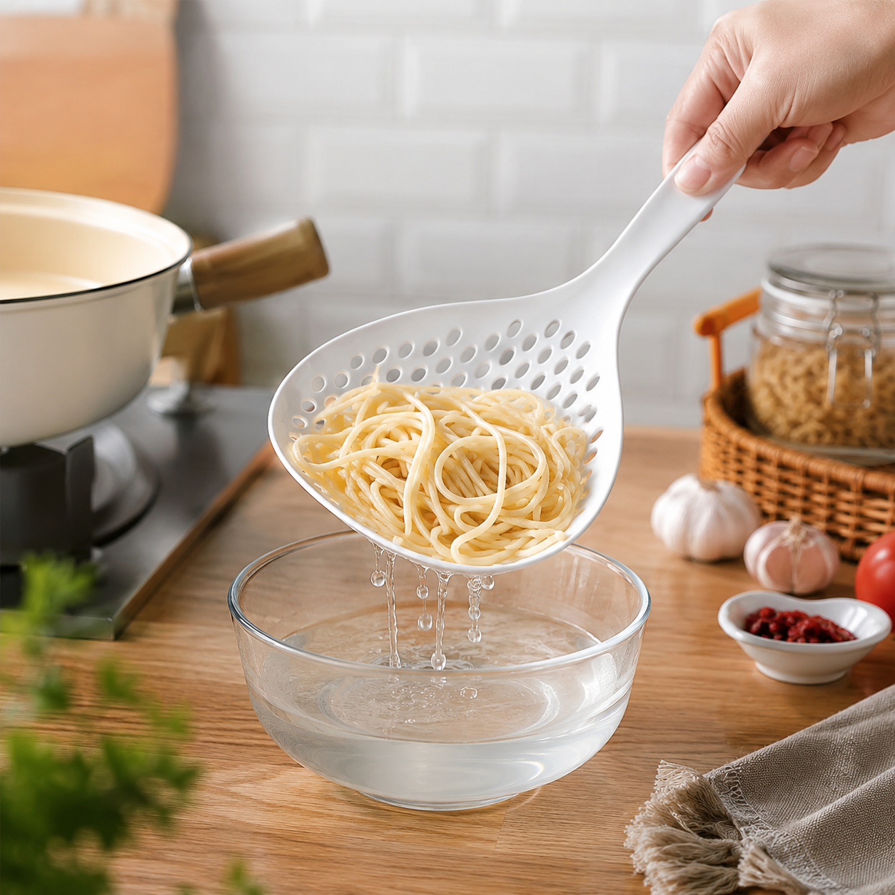 Long Handle Kitchen Strainer Scoop for Pasta, Dumplings, Noodles & Vegetables,
