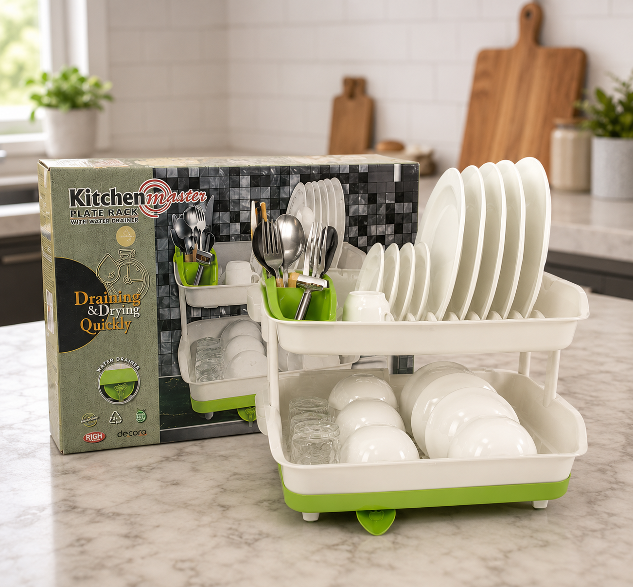 Kitchen Master 2 Tier Dish Drying Rack with Water Drainer Board