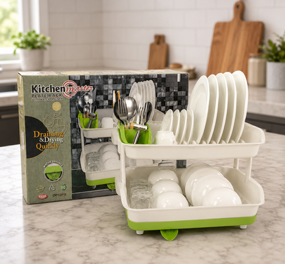Kitchen Master 2 Tier Dish Drying Rack with Water Drainer Board