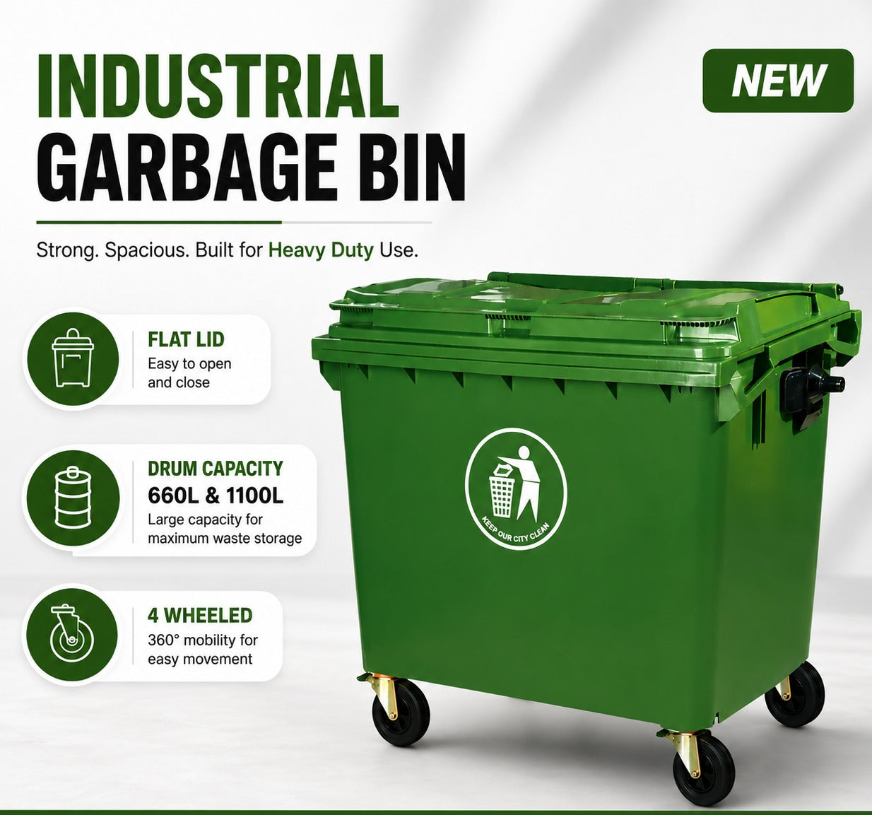 660L Industrial Heavy Duty 4-Wheel Garbage Bin with Flat Lid