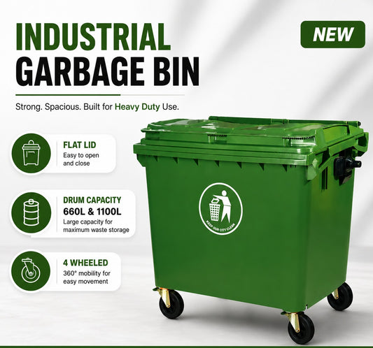 660L Industrial Heavy Duty 4-Wheel Garbage Bin with Flat Lid