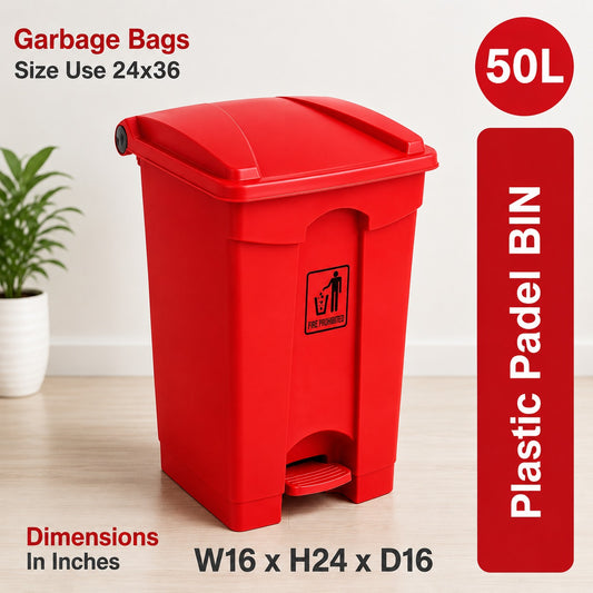50L Plastic Pedal Dustbin with Lid Red