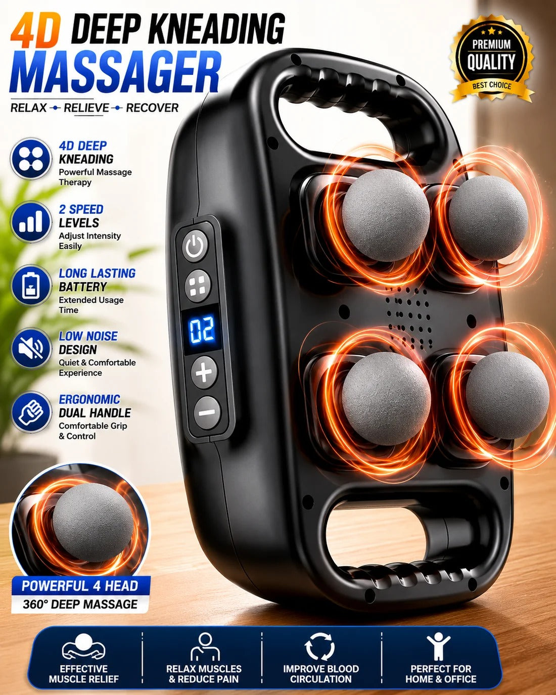 4D Deep Kneading Massager with Dual Handles