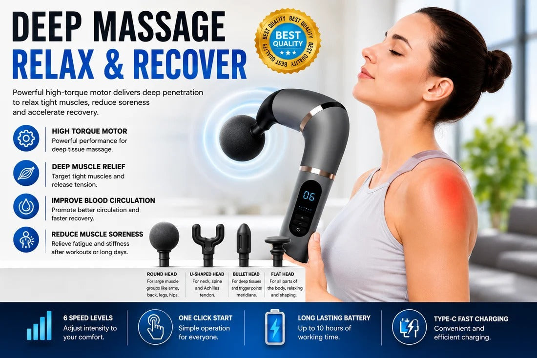 Blueidea Extended Handle Massage Gun BLD 339, Deep Tissue Percussion Massager with 4 Massage Heads & 6 Speed Levels