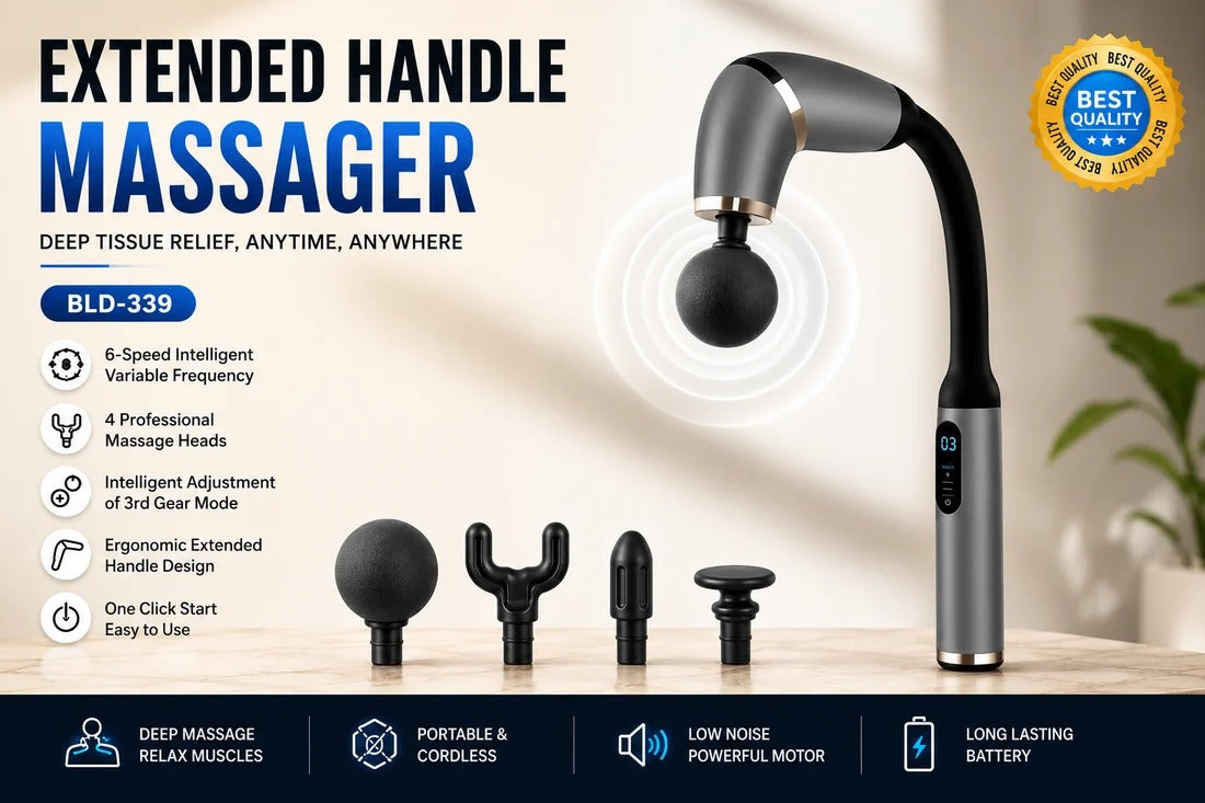 Blueidea Extended Handle Massage Gun BLD 339, Deep Tissue Percussion Massager with 4 Massage Heads & 6 Speed Levels