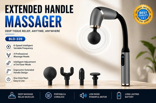 Blueidea Extended Handle Massage Gun BLD 339, Deep Tissue Percussion Massager with 4 Massage Heads & 6 Speed Levels