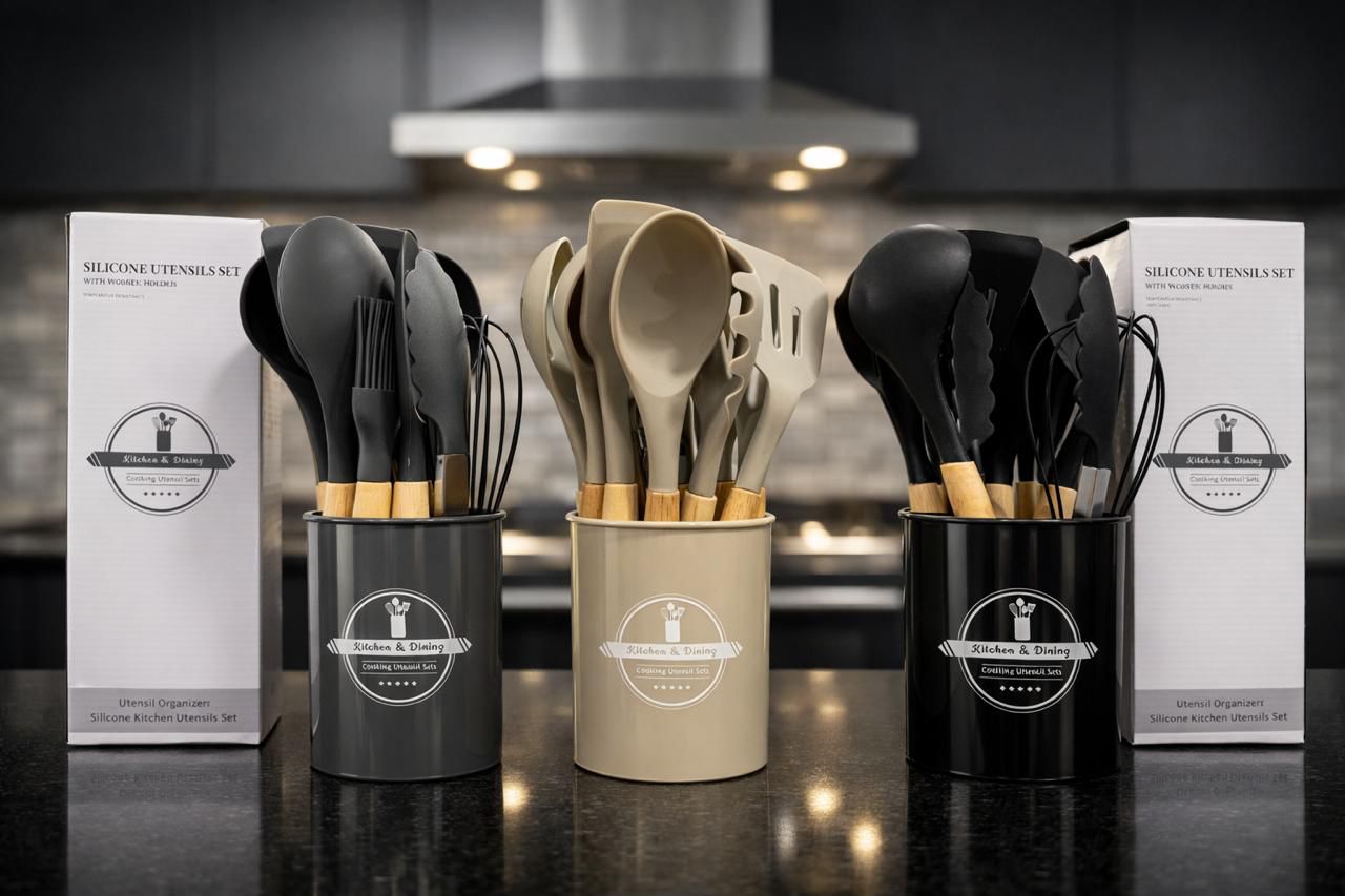 Silicone Kitchen Utensil Set with Wooden Handles & Holder, Non Stick Heat Resistant Cooking Tools