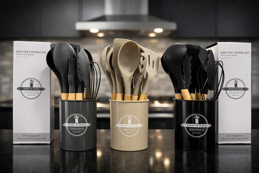 Silicone Kitchen Utensil Set with Wooden Handles & Holder, Non Stick Heat Resistant Cooking Tools