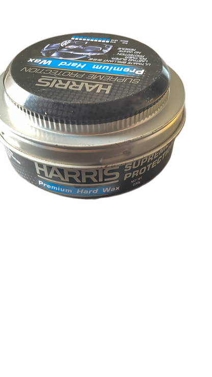 Round metal tin of Harris Premium Hard Wax for cars with black and blue label showing a shiny car